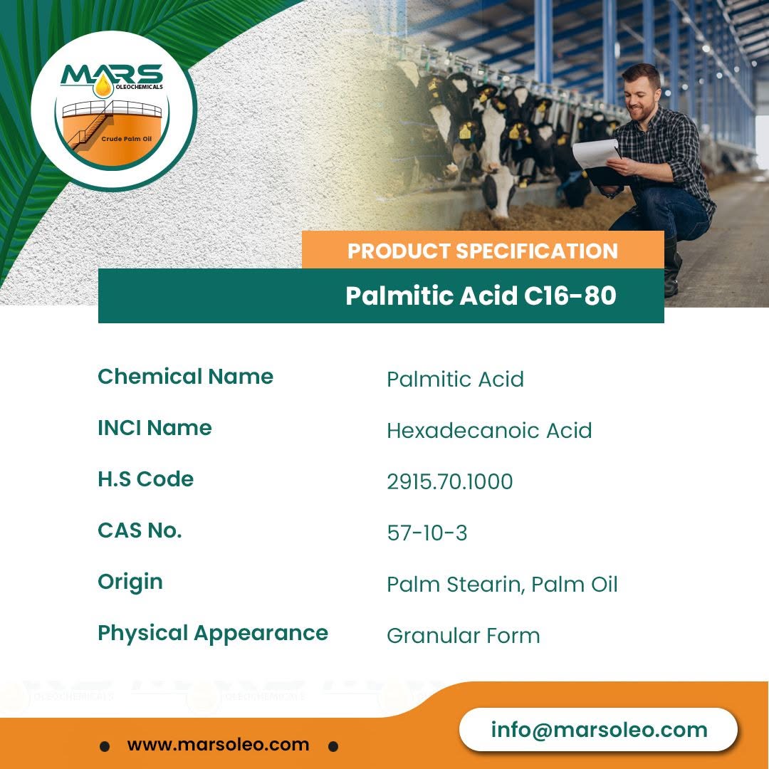 Palmitic Acid C16-80 Rumen Bypass Fat Feed Supplement for Dairy Cattle by Mars Oleochemicals