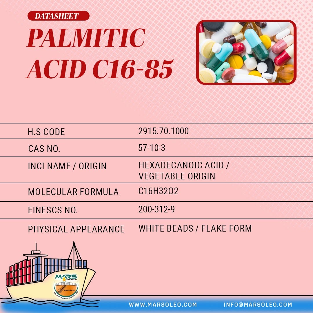 Palmitic Acid C16-85, a palm-based vegetable fatty acid supplied in white beads or flakes.