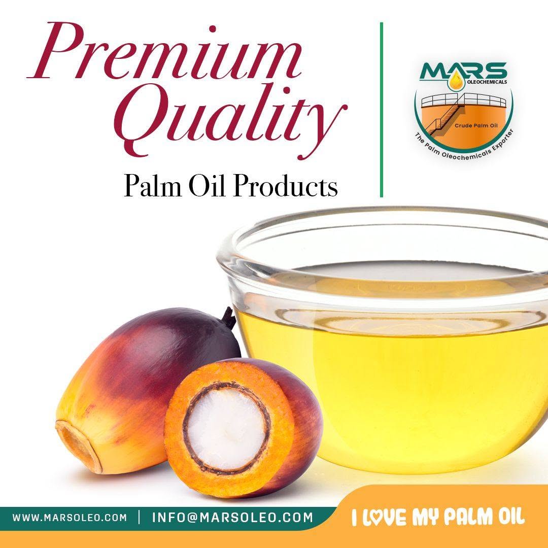 Mars Oleochemicals premium palm oil products graphic featuring palm fruits, refined palm oil and Malaysian palm-based product branding