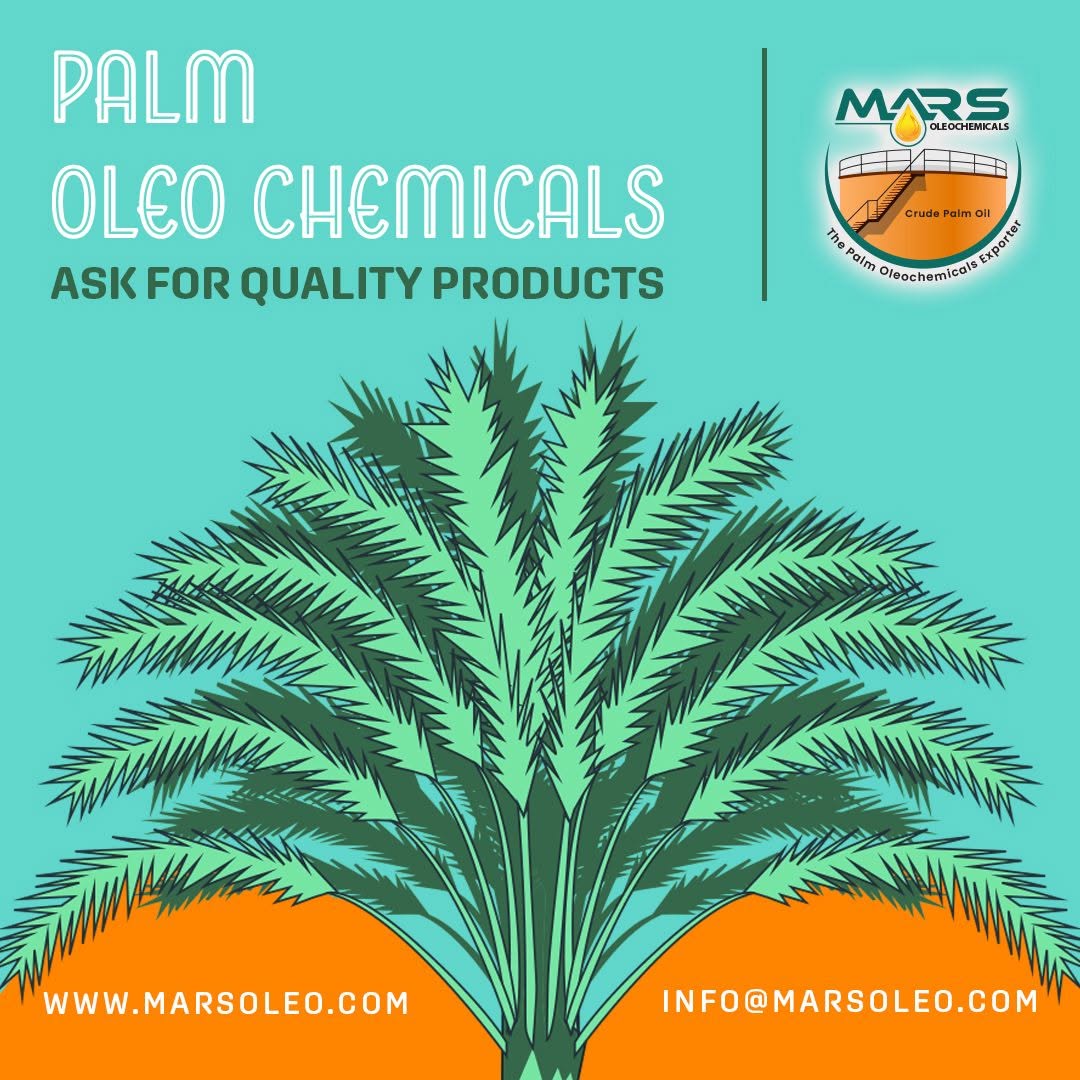 Mars Oleochemicals featuring an oil palm tree and message quality palm oleochemical products.