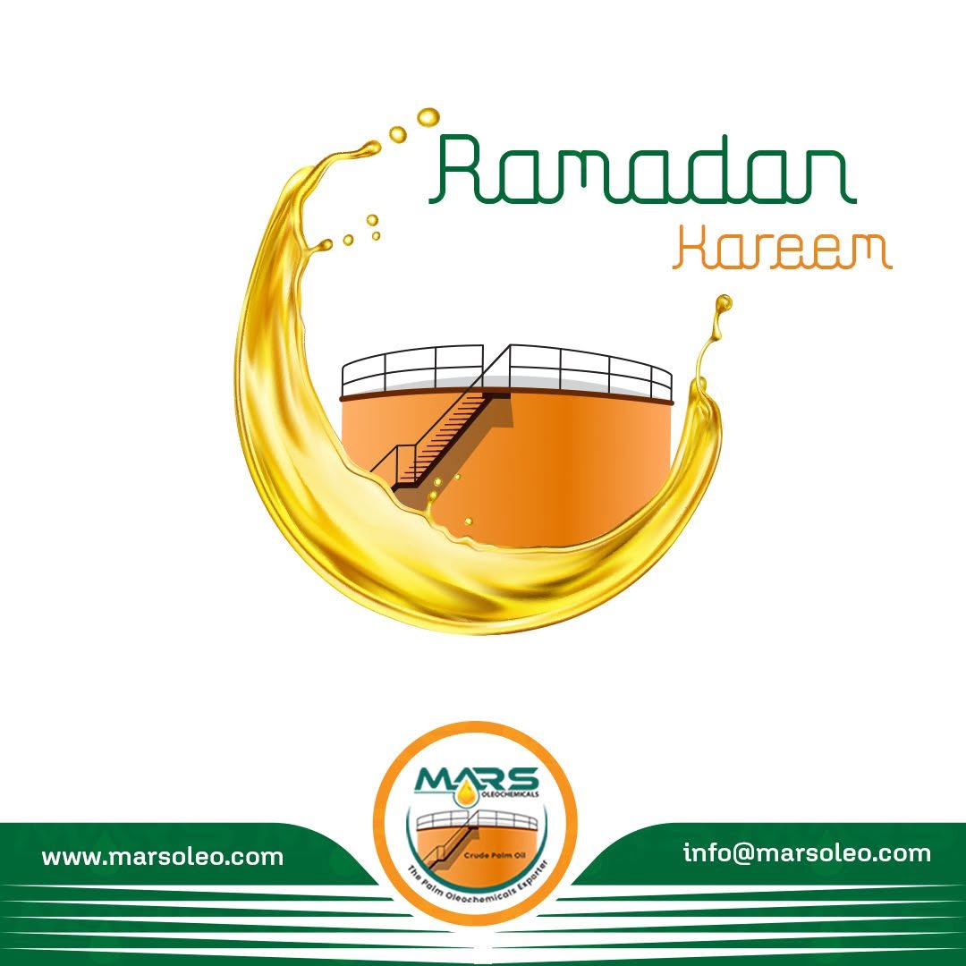 Ramadan Kareem greeting Mars Oleochemicals featuring golden crescent oil splash, storage tank illustration and company branding.