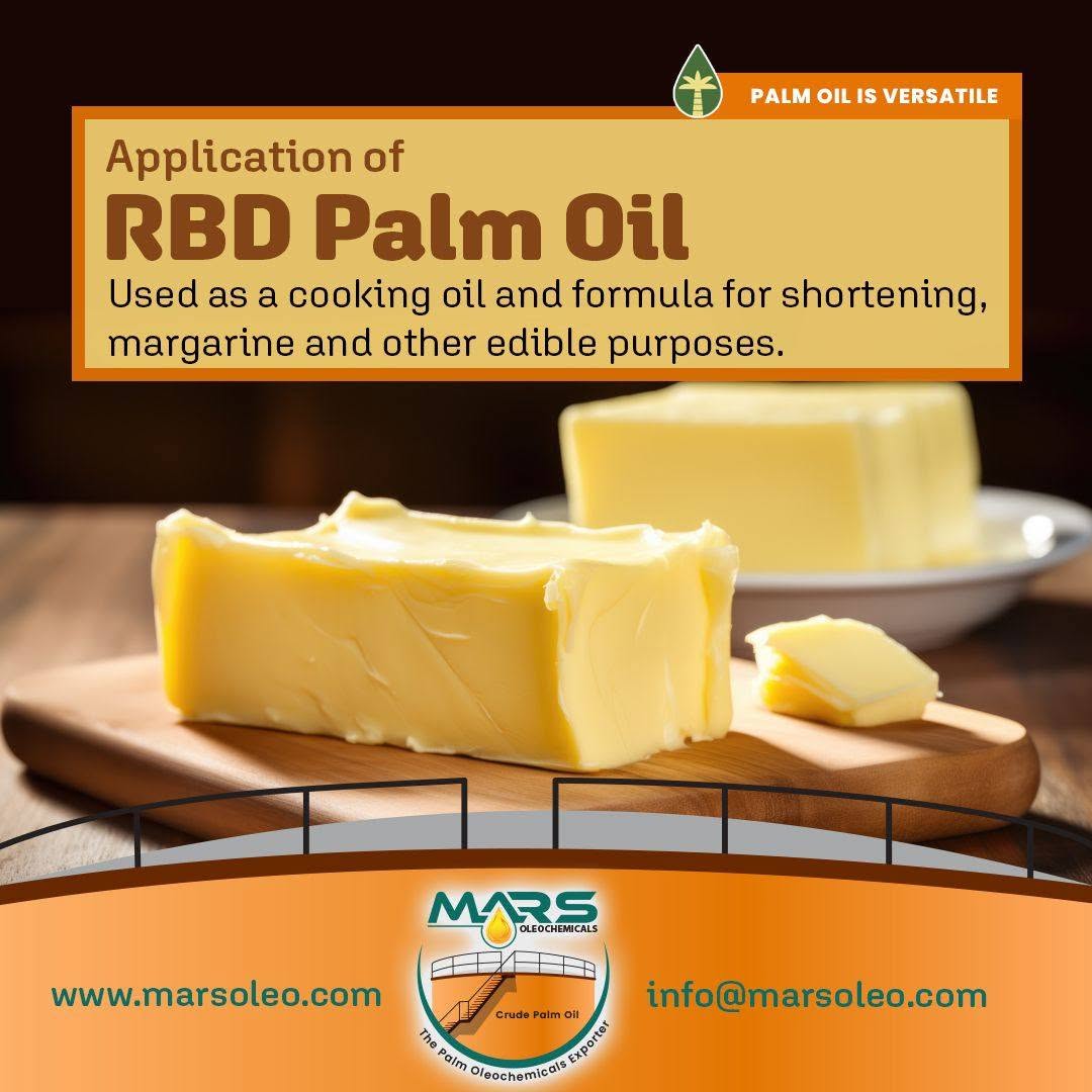 RBD Palm Oil cooking, frying, margarine, shortening, bakery and other processed-food applications.