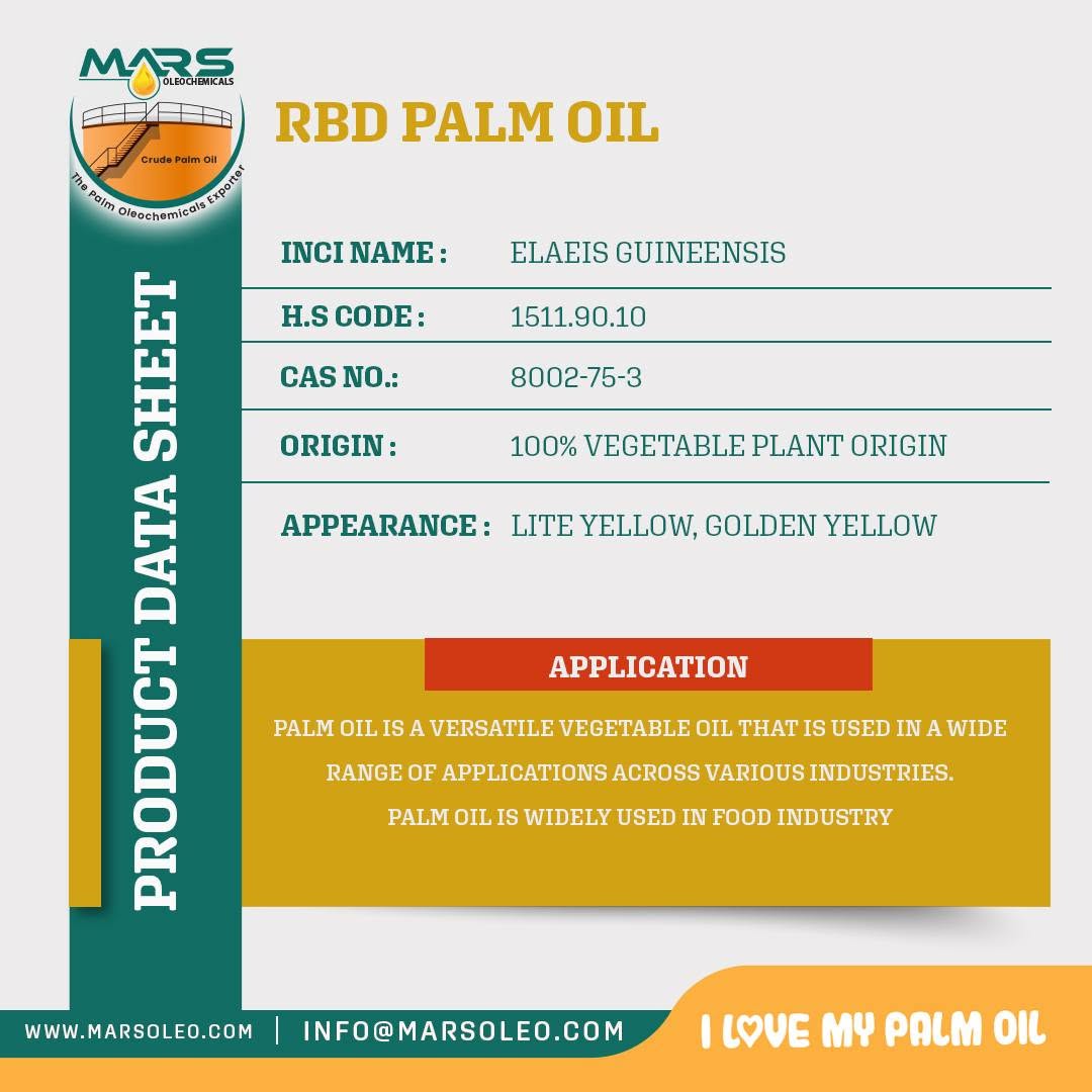 Mars Oleochemicals RBD Palm Oil product data sheet with CAS number, HS code, origin, appearance and applications.