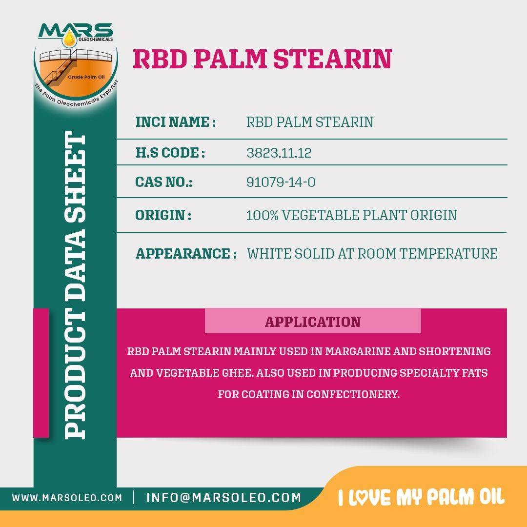 Mars Oleochemicals RBD Palm Stearin data sheet vegetable origin, solid appearance and food applications.