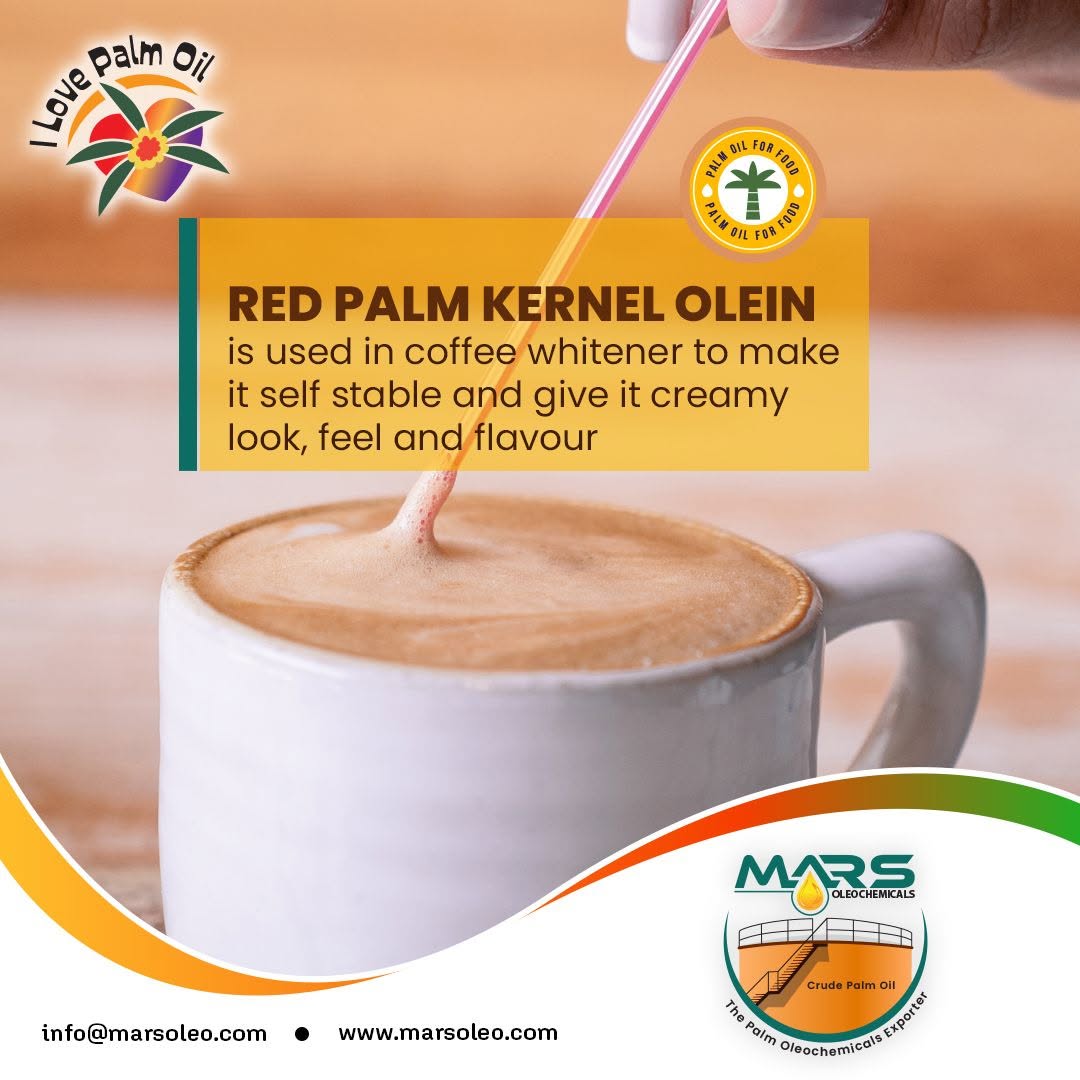 Red Palm Kernel Olein for coffee whitener applications, featuring a creamy cup of coffee being stirred and highlighting its use in supporting creamy appearance, texture, mouthfeel, flavour and product stability.