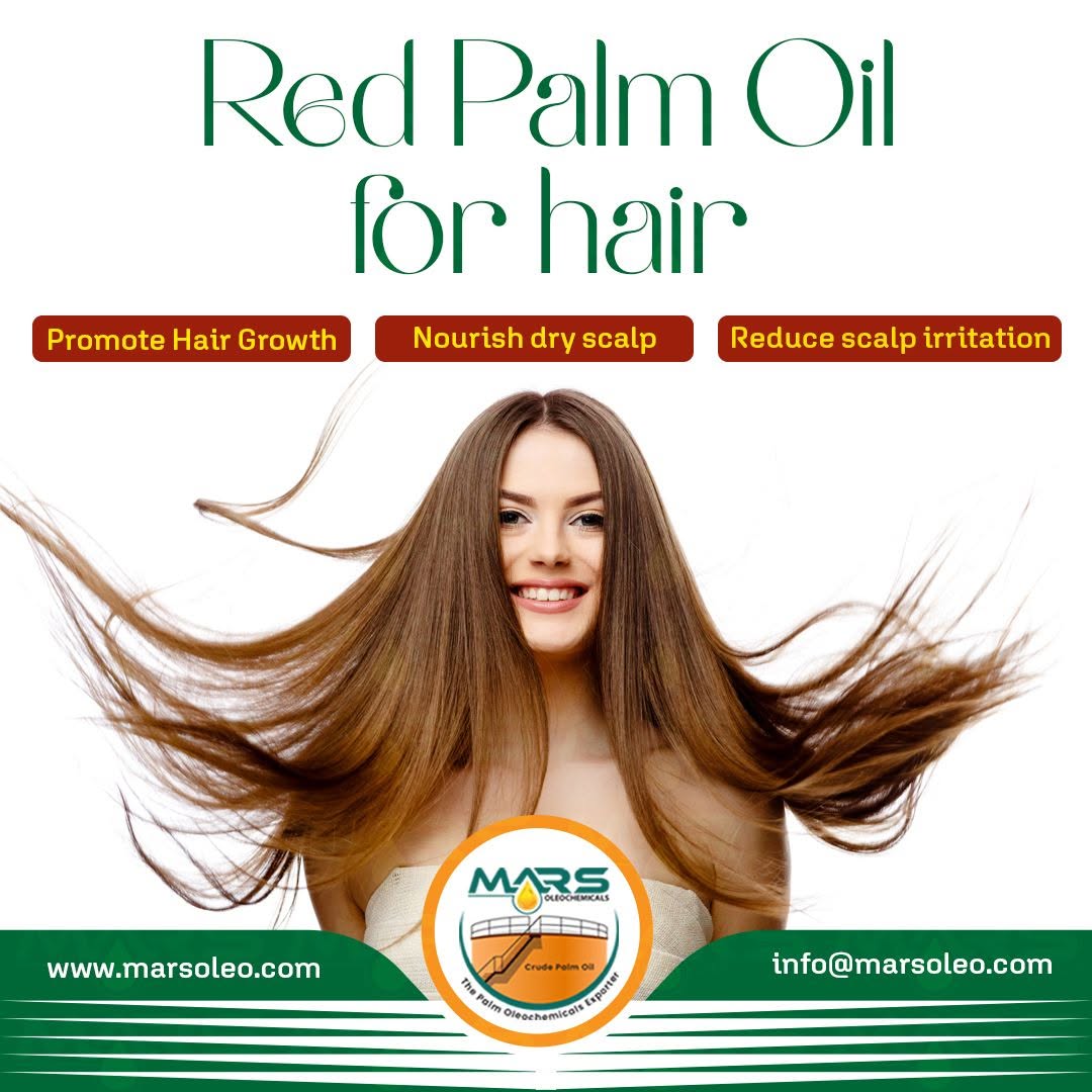 Red Palm Oil for hair care infographic showing benefits for nourishing dry scalp, supporting hair care and reducing scalp irritation, supplied by Mars Oleochemicals.