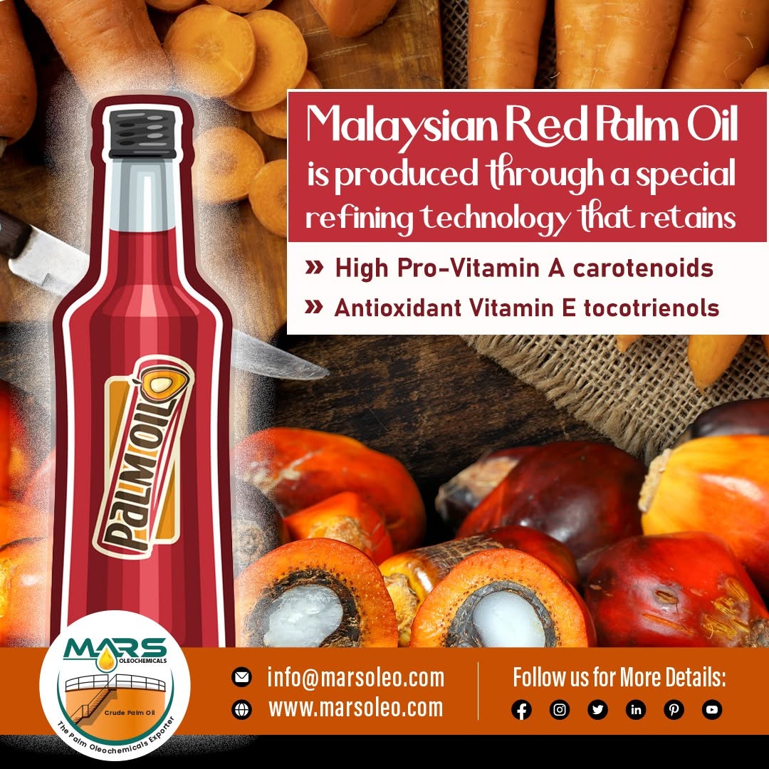 Malaysian Red Palm Oil explaining specialised refining that retains carotenoids and vitamin E tocotrienols.