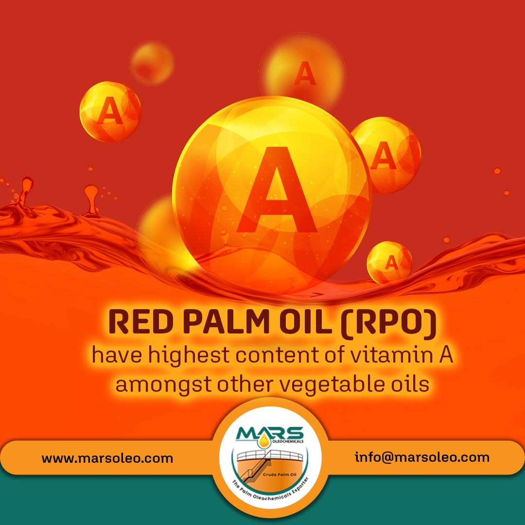 Red Palm Oil RPO as a naturally carotenoid-rich vegetable oil containing provitamin A compounds, with glowing vitamin A symbols and company branding.
