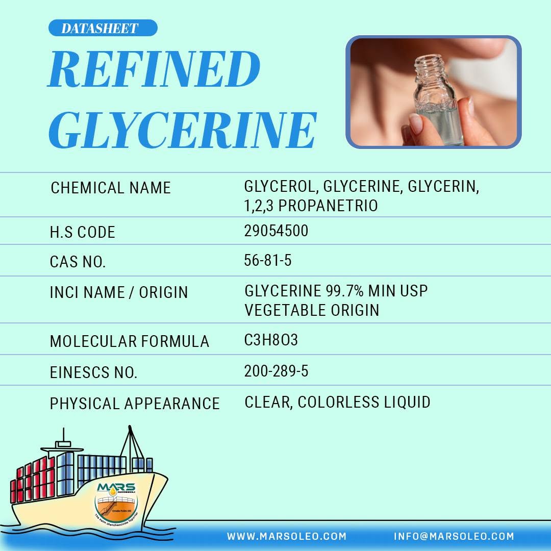 Refined Glycerine 99.7% USP glycerol chemical name, CAS 56-81-5 and vegetable origin.