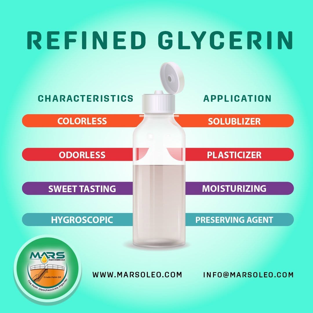 Mars Oleochemicals Refined Glycerine colorless, odorless, sweet-tasting and hygroscopic characteristics with industrial applications.