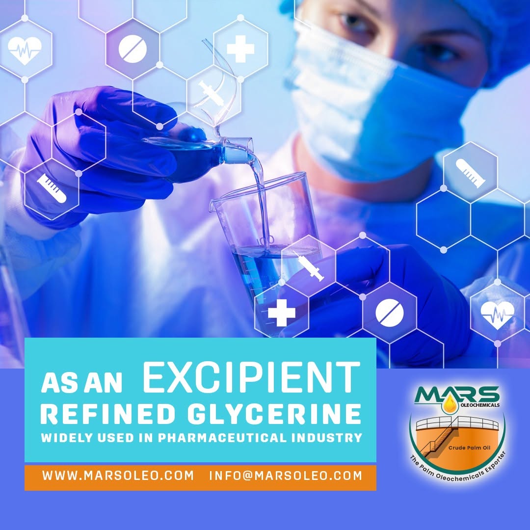 Mars Oleochemicals refined glycerine pharmaceutical excipient use in laboratory and formulation applications.