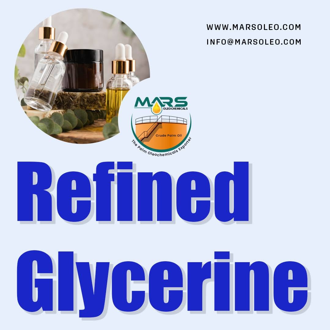 Mars Oleochemicals Refined Glycerine featuring cosmetic and skincare products representing glycerine applications.