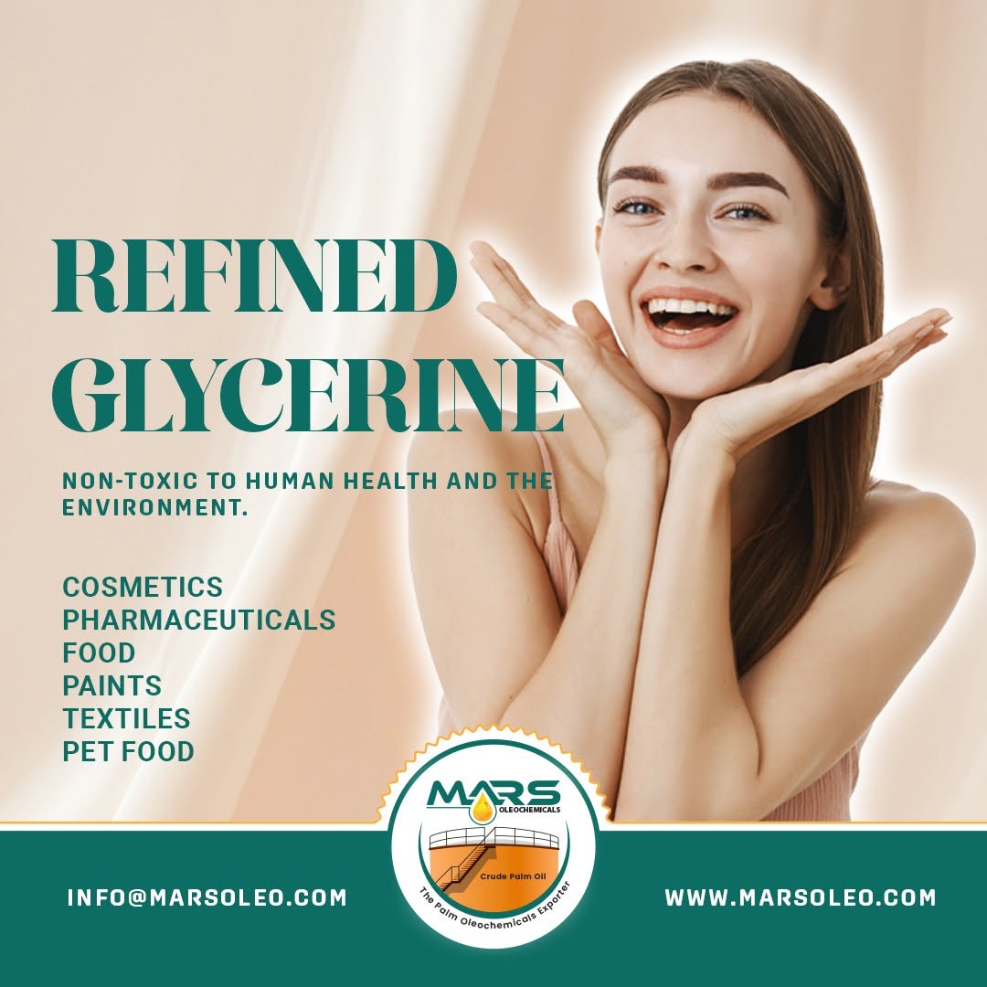 Refined glycerine applications in cosmetics, pharmaceuticals, food, paints, textiles and pet food supplied by Mars Oleochemicals.