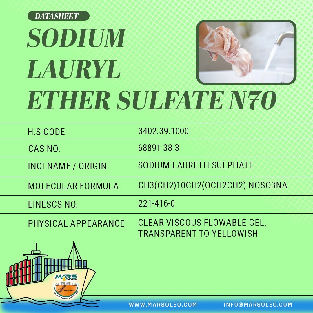 SLES N70 datasheet Sodium Laureth Sulfate 70% active anionic surfactant for personal care and cleaning formulations.
