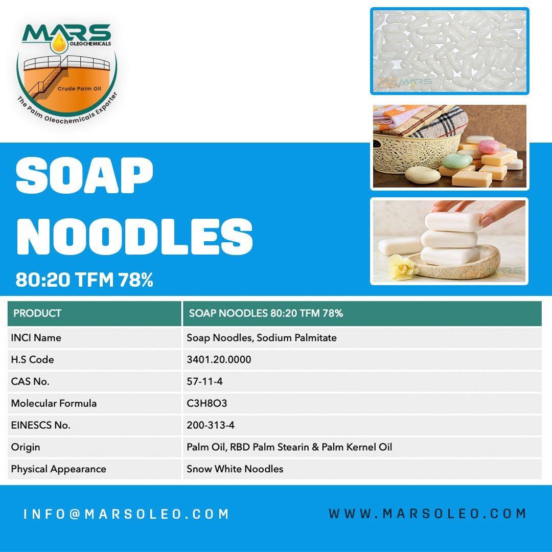 Soap Noodles 80:20 TFM 78% specification white noodles and finished bar-soap applications.