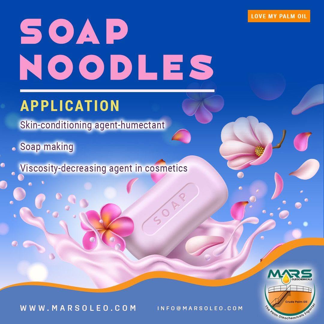 Palm-based Soap Noodles are semi-finished soap bases used to manufacture toilet, beauty, laundry and multipurpose cleansing bars.