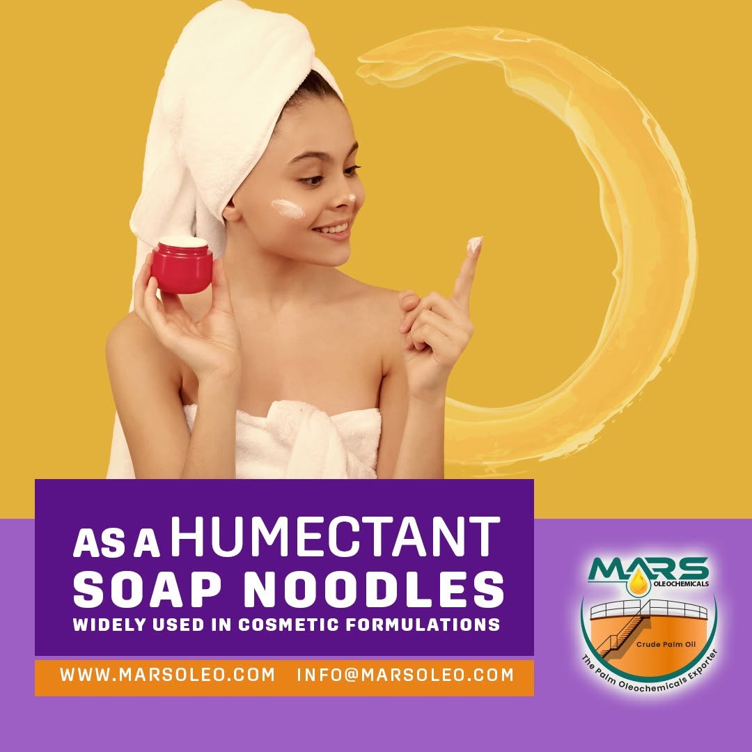 Mars Oleochemicals Soap Noodles featuring skincare cream and cosmetic moisturizing soap formulation applications.