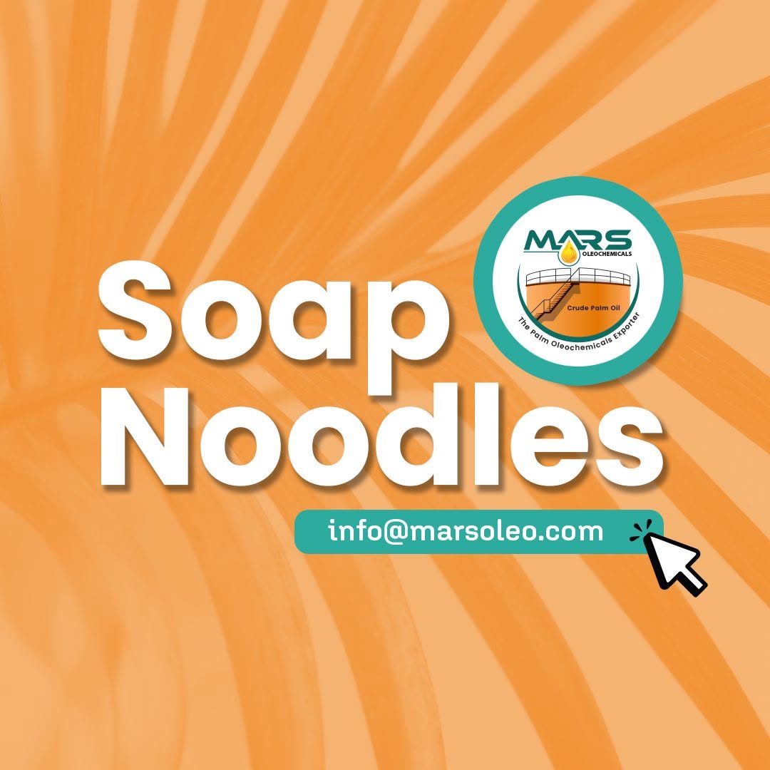 Mars Oleochemicals graphic promoting palm-based soap noodles used as a raw material for toilet soap, laundry soap and commercial bar soap manufacturing.