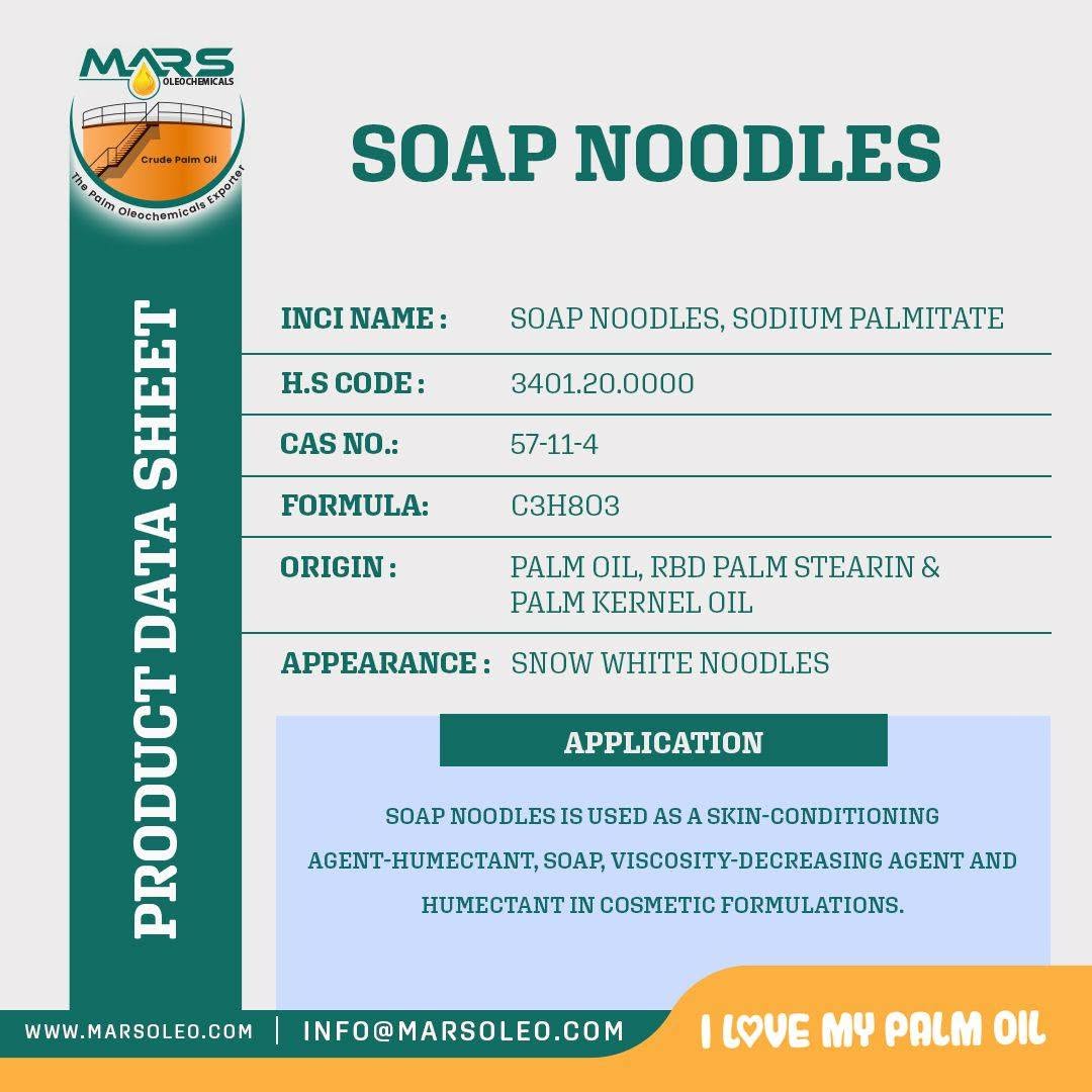 Mars Oleochemicals soap noodles product data sheet for palm-based toilet and laundry soap manufacturing.