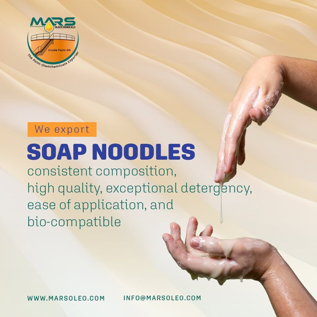 Palm-based soap noodles from Malaysia are widely used to manufacture beauty bars and laundry cleaning bars.