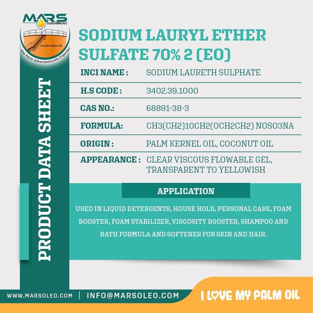 SLES 70% 2EO product data sheet, palm kernel and coconut oil origin, appearance and detergent and personal care applications