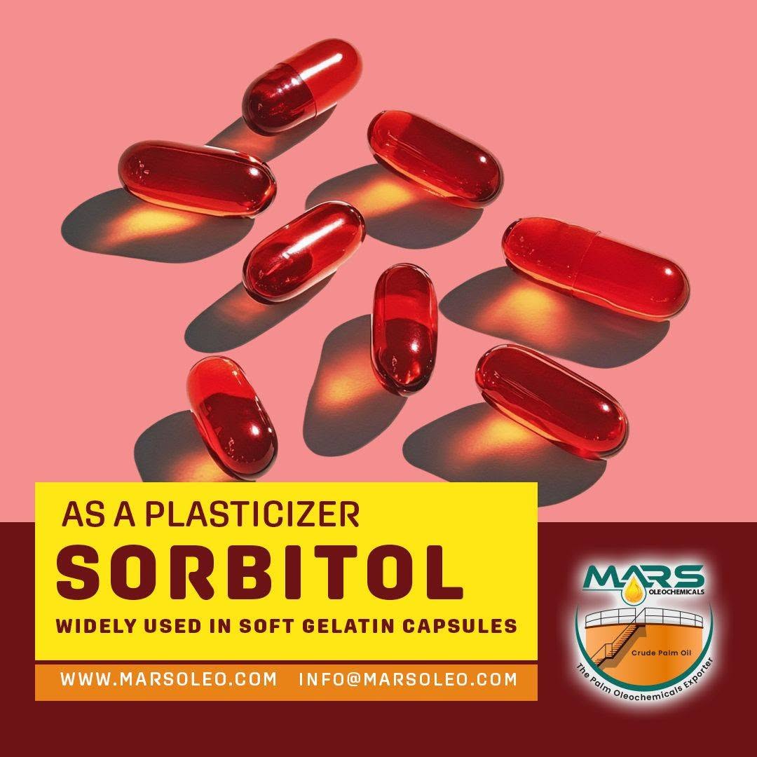 Mars Oleochemicals Sorbitol featuring red soft gelatin capsules and plasticizer application in pharmaceutical manufacturing.