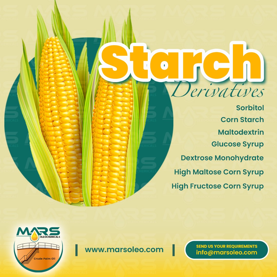 Premium Corn Starch and Starch Derivatives including Sorbitol, Maltodextrin, Glucose Syrup, Dextrose Monohydrate, High Maltose Corn Syrup and High Fructose Corn Syrup for food, pharmaceutical and industrial applications.