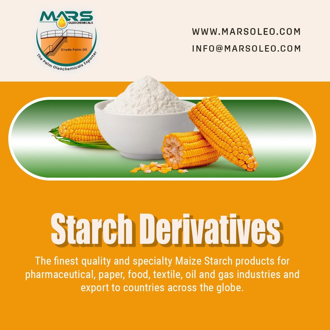 Mars Oleochemicals Starch Derivatives featuring corn and maize starch powder for food and industrial applications.