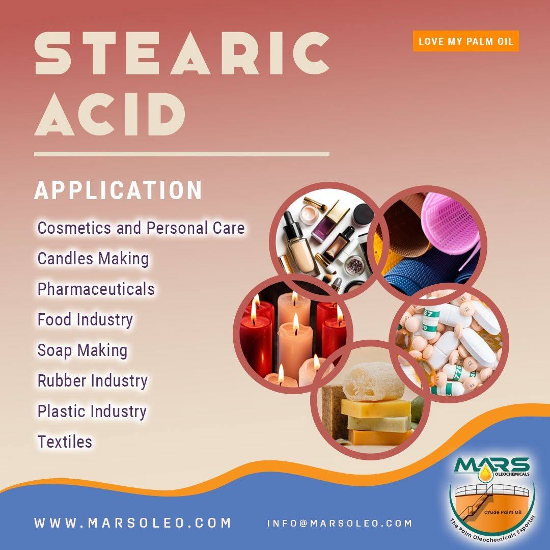 Mars Oleochemicals palm-based Stearic Acid applications in cosmetics and personal care, candle manufacturing, soap making, rubber processing, plastics, textiles, pharmaceuticals and approved food applications.