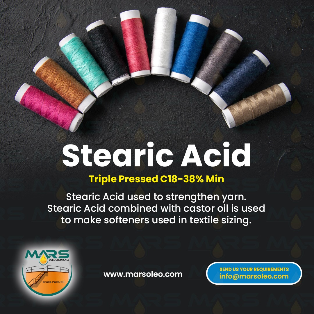Stearic Acid Triple Pressed C18-38 percent minimum Malaysia supplier for textile sizing yarn strengthening and industrial applications.