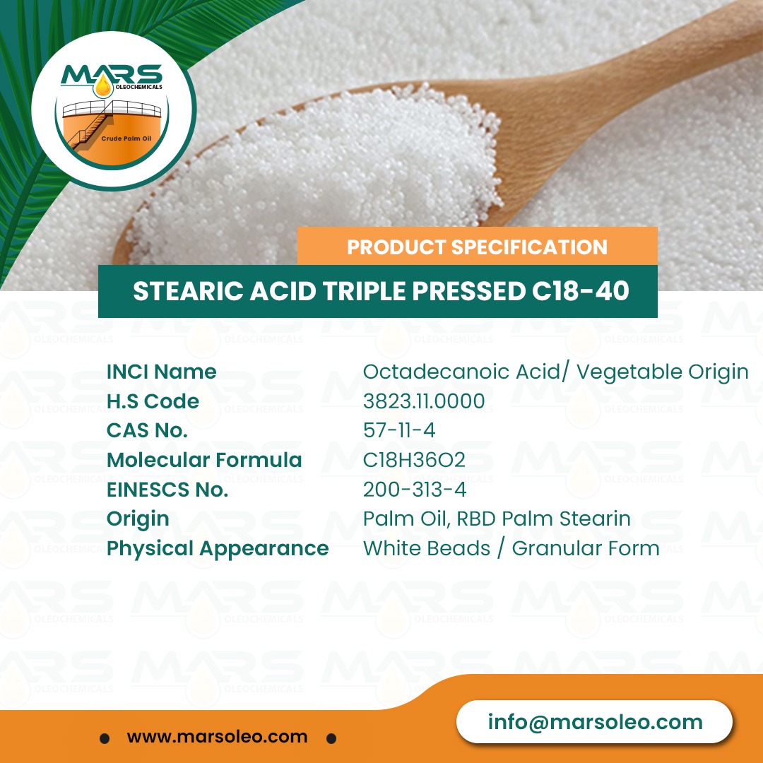 Stearic Acid Triple Pressed C18-40 specification vegetable based fatty acid supplier Malaysia