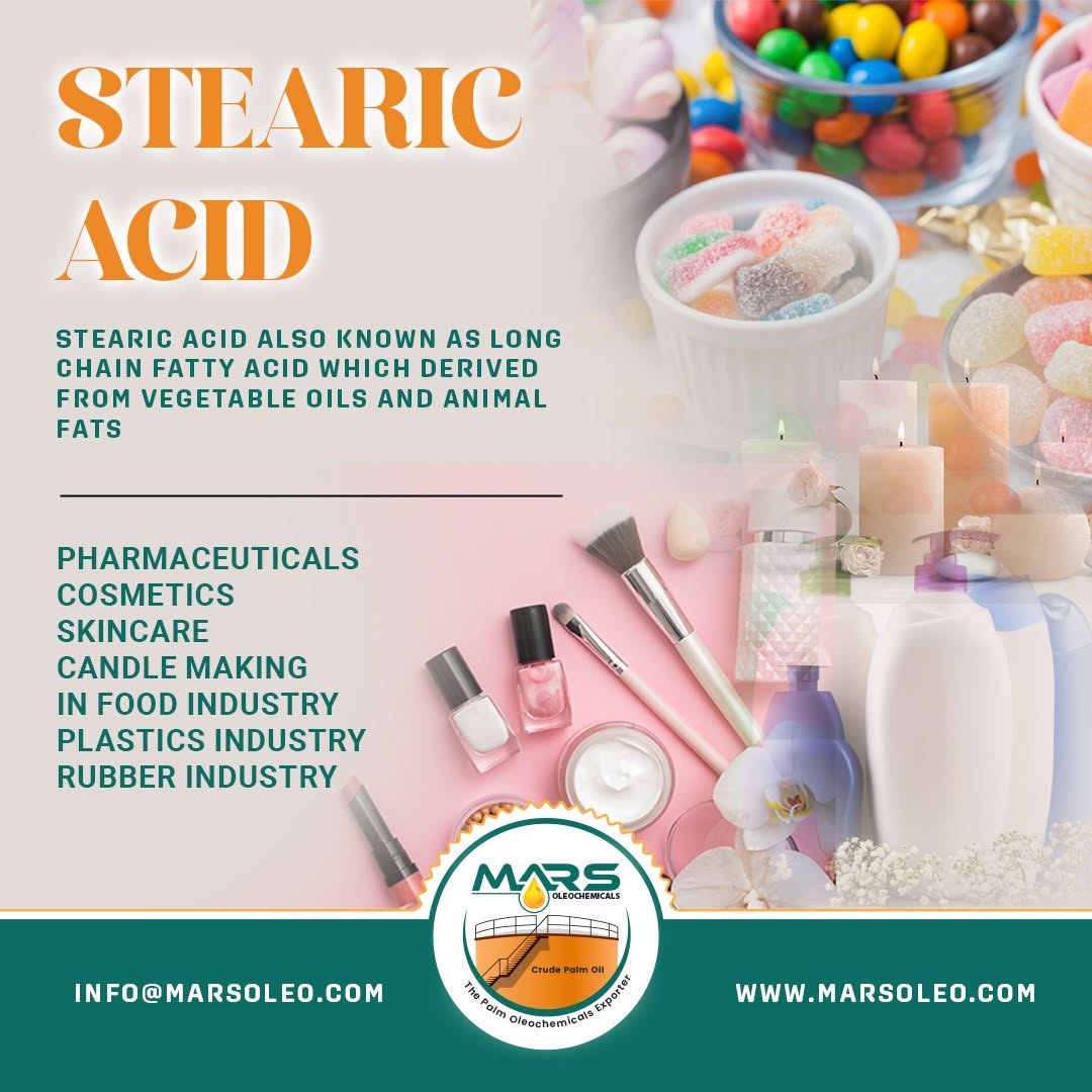 Stearic Acid applications in cosmetics, skincare, candle making, pharmaceuticals, plastics and rubber industries by Mars Oleochemicals.