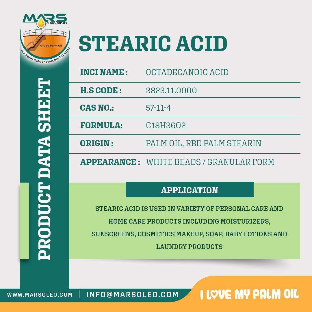 Stearic Acid product data sheet Octadecanoic Acid, palm oil and RBD palm stearin origin, specifications and applications