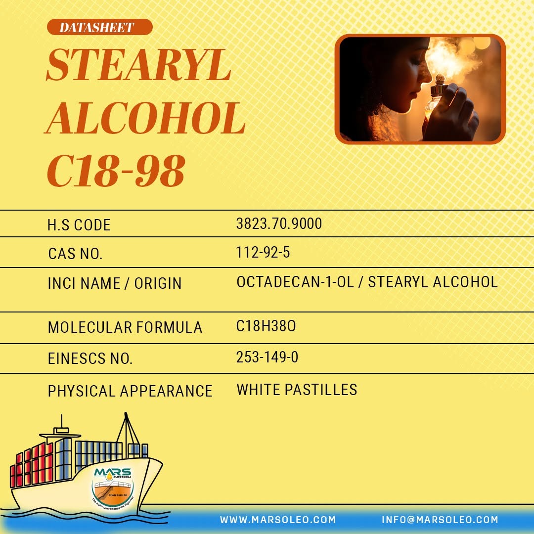 Stearyl Alcohol C18-98 vegetable-derived C18 fatty alcohol for cosmetics, skincare and hair-care formulations.