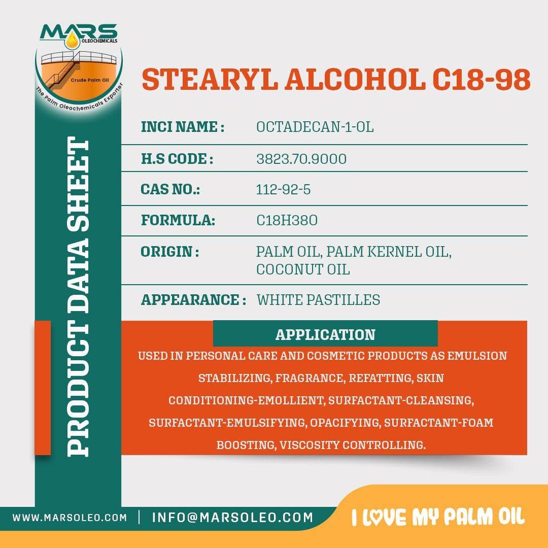 Stearyl Alcohol C18-98 product data sheet, vegetable oil origin, white pastilles and cosmetic and personal care applications