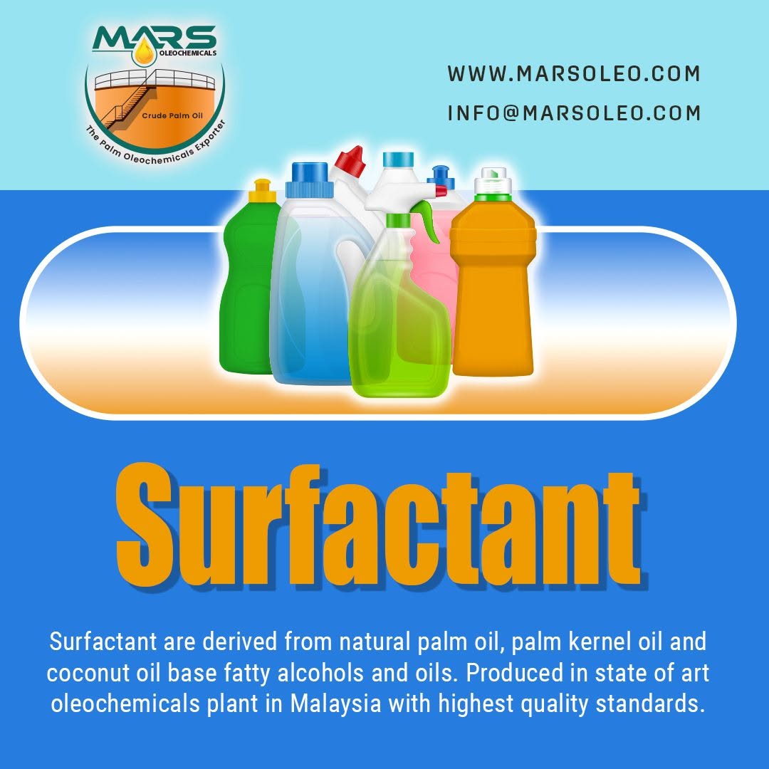 Mars Oleochemicals Surfactant featuring household cleaning bottles representing detergent, home-care and cleansing applications.