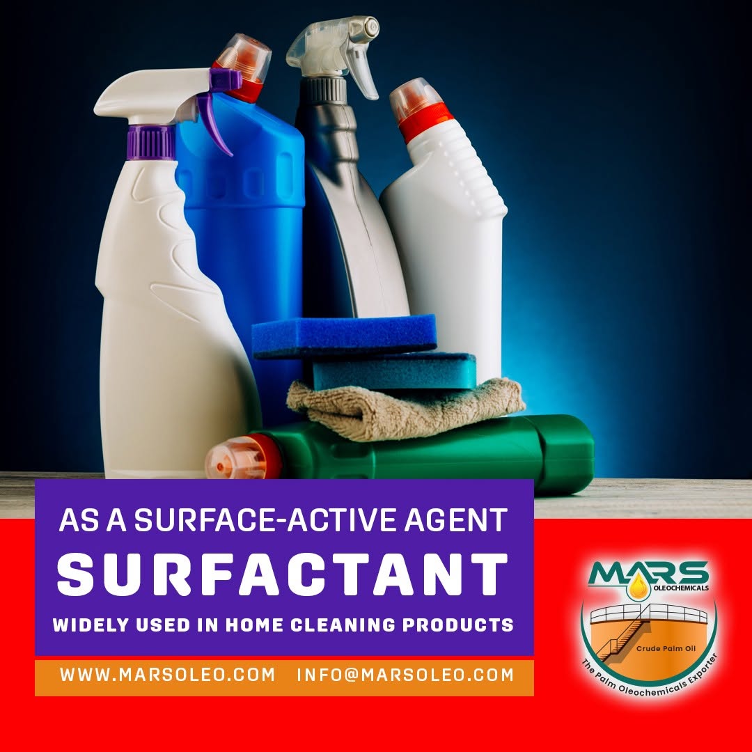Mars Oleochemicals surfactant featuring household cleaning bottles, sponges and home-care cleaning applications.