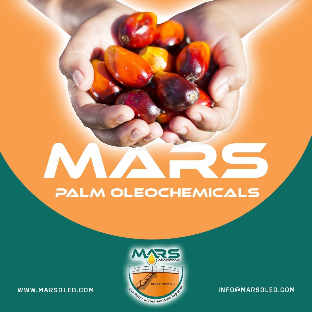 Mars Oleochemicals palm fruits held in hands with branding for palm oleochemicals.