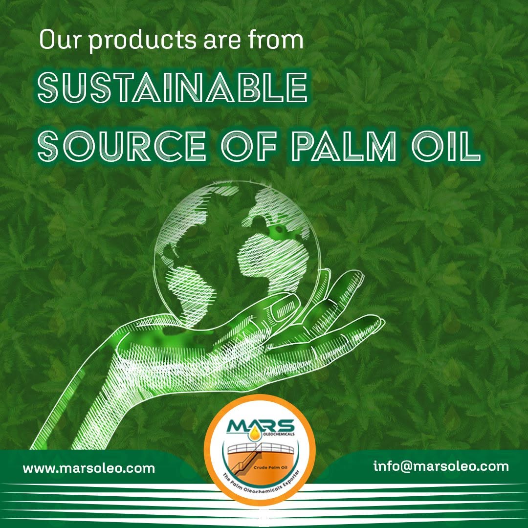 Sustainable source of Palm Oil infographic by Mars Oleochemicals showing a green earth and palm leaf background representing responsible palm oil products.