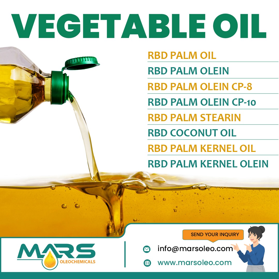 Vegetable oil pouring from bottle representing RBD palm oil, palm olein, palm stearin and coconut oil Malaysia exporter.