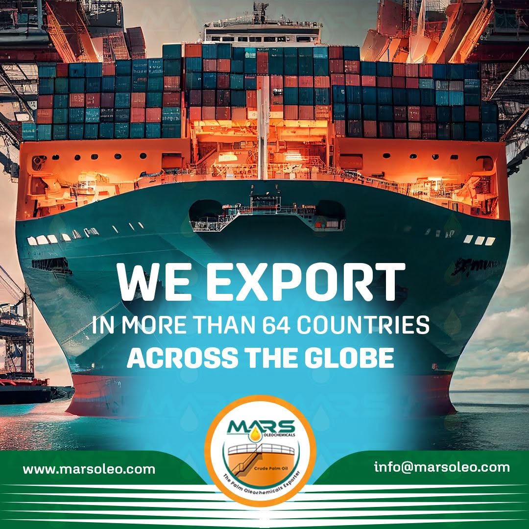 Large container ship showing Mars Oleochemicals exporting Palm Oil and Oleochemicals to more than 64 countries across the globe.