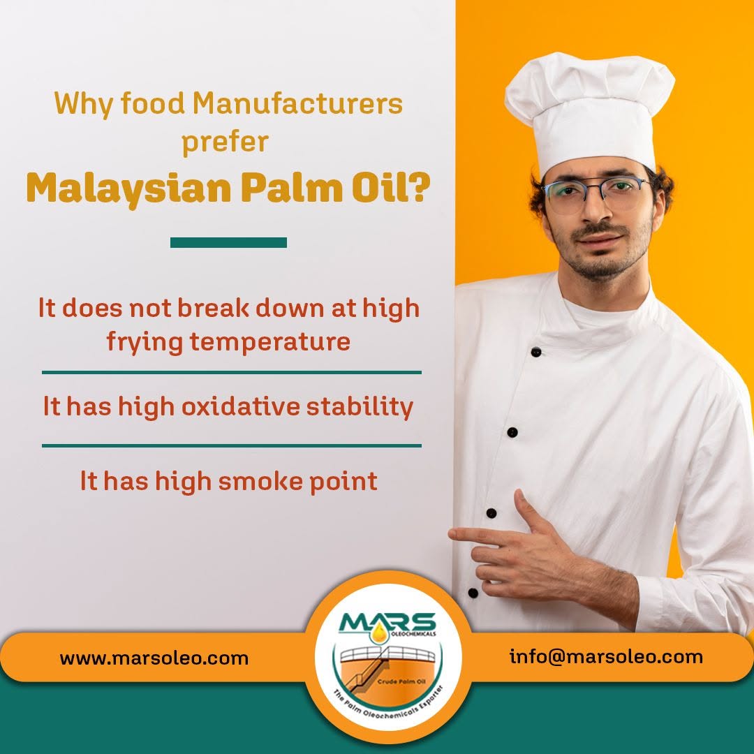 why food manufacturers prefer Malaysian Palm Oil, highlighting high-temperature frying performance, high oxidative stability and high smoke point, with a professional chef and company branding.