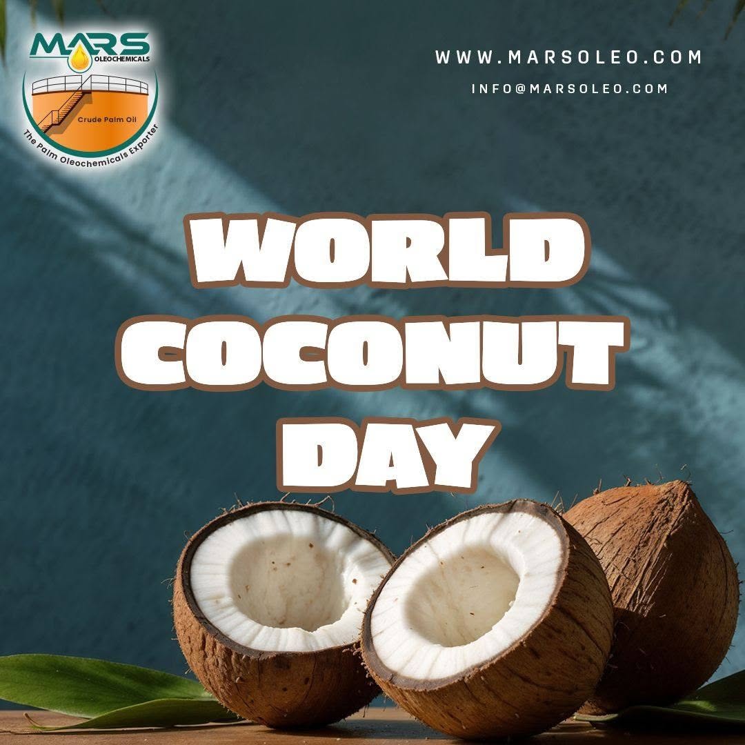 World Coconut Day by Mars Oleochemicals fresh halved coconuts and coconut industry branding.